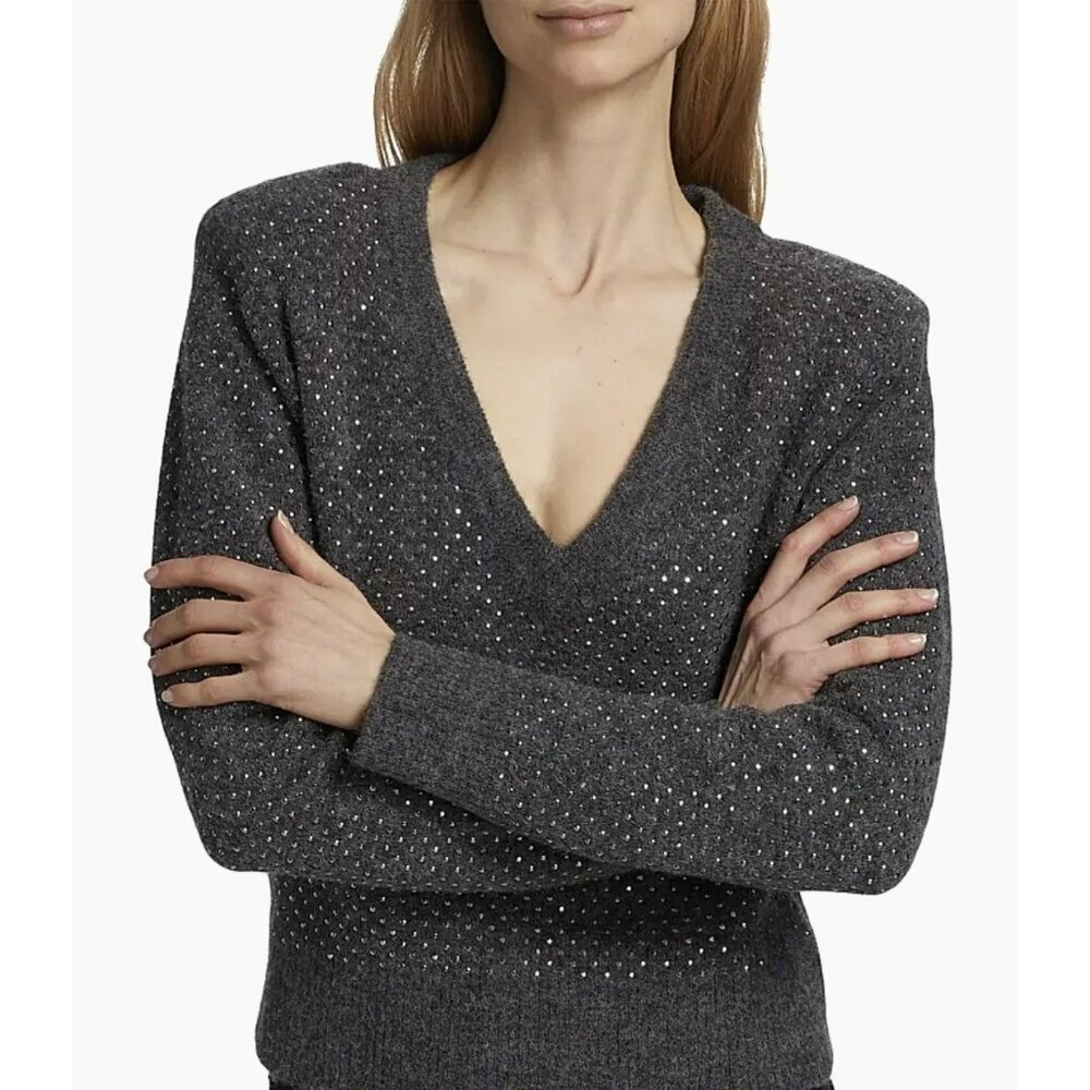 Veronica Beard Embellished V-Neck Alpaca Pullover Sweater Gray Sz Large